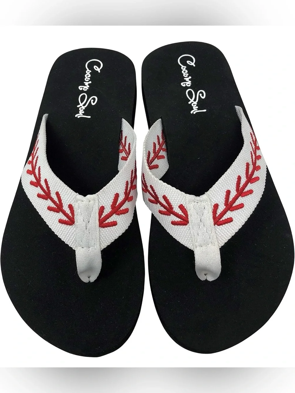 Baseball Stitch Flip Flops with Black Footbed